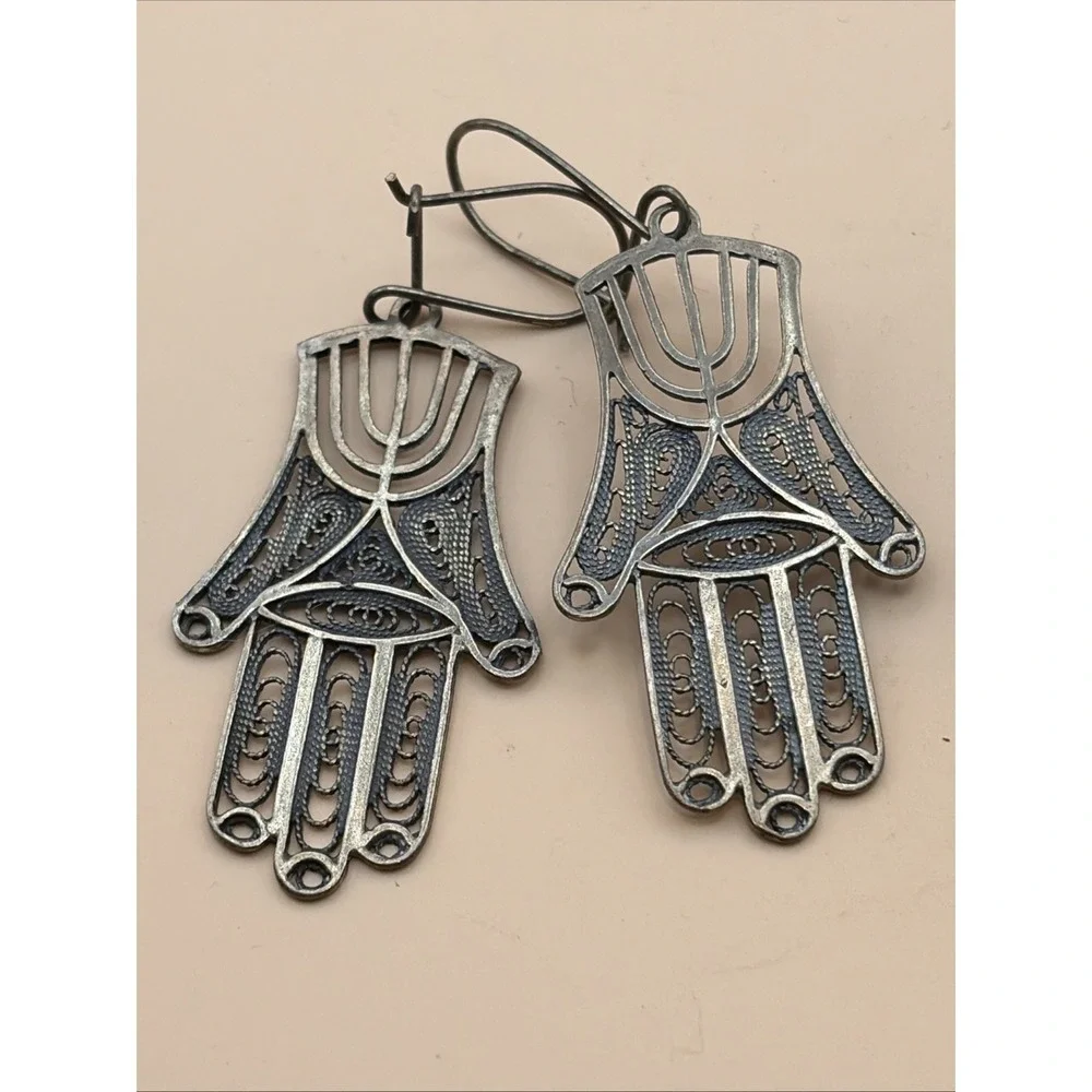 Vtg 925 Sterling Silver Filigree‎ Hamsa Menorah Dangle Earrings Israel Judaica